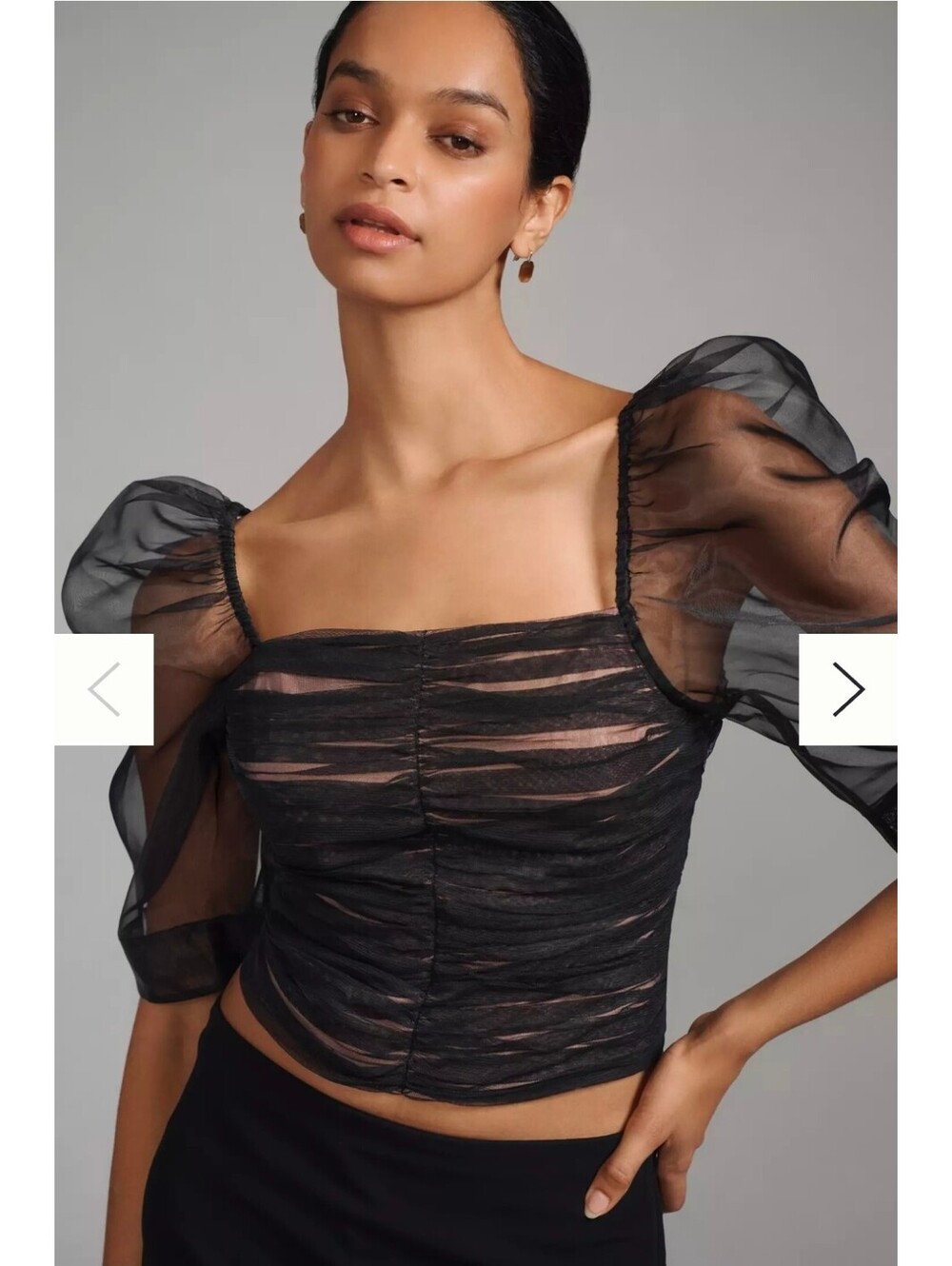 Maeve Black Sheer Puff Sleeve Ruched Top, Size M NEW